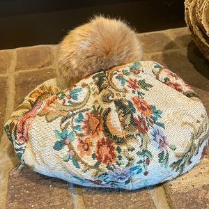 Floral brocaid beanie hat with faux fur Pom from San Diego Hat